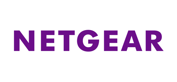 a black and purple logo with the word netgear